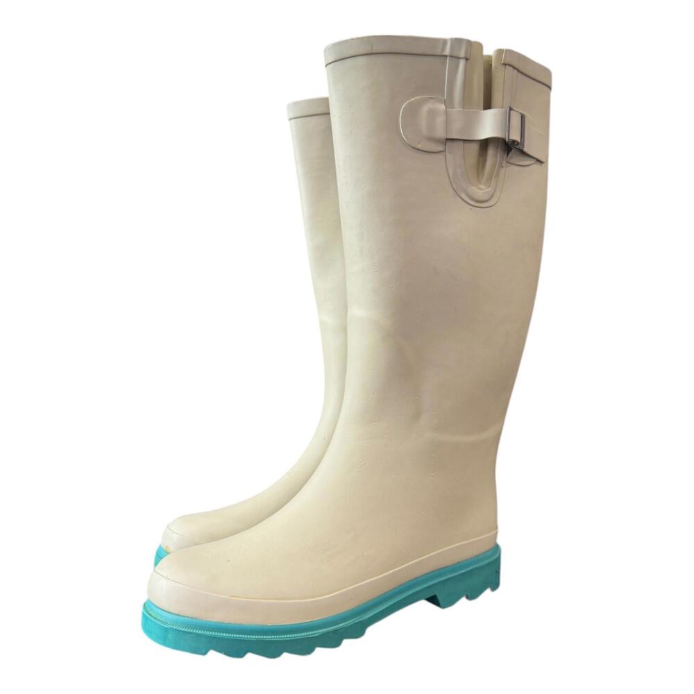 Oakiwear Ox Bow Beige Turquoise Waterproof Rain Boot Womens Size 6